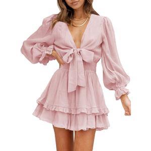 AlvaQ Womens Dresses Spring Summer Knot Front V Neck Ruffles Long Sleeve Floral Print Swing Mini Dress (Large, Pink2)
