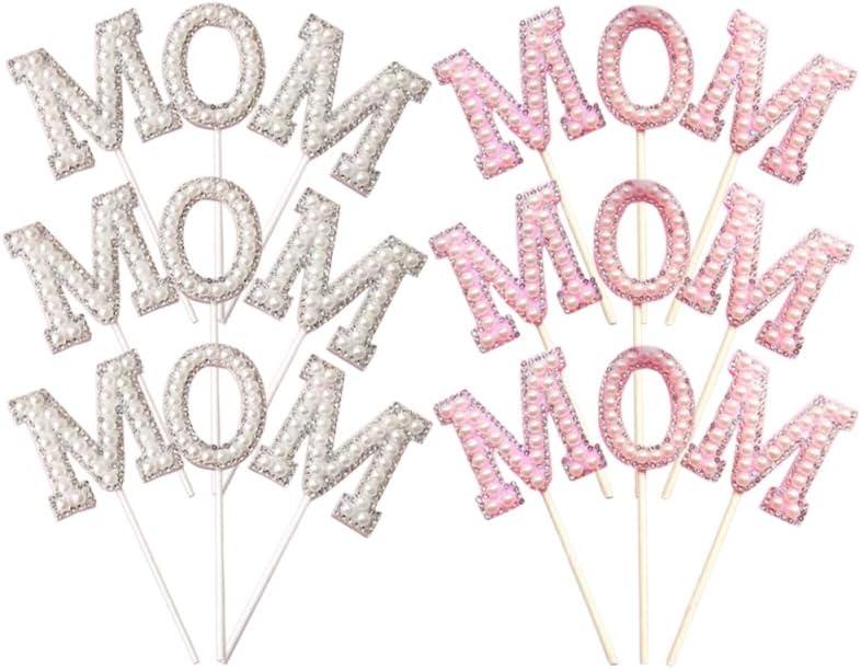 Mom Cake Card 12 Pcs, MOM Birthday Cakes Topper Pearl Rhinestones Ornament for Mother's Day Birthday