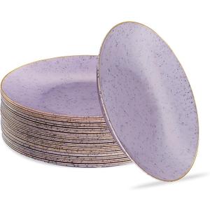 PLASTICPRO 30 Pack Disposable Plastic Plates Heavyweight Granite Look Elegant 7 inch Dinner Plates Purple with Gold Rim