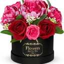 Hollyone Red Artificial Peonies Roses in Vase Round Gift Boxes with Fake Flowers Arrangements Faux Flowers Floral in Box Vase for Her Mothers' Day Valentine's Day Christmas Birthday Graduation Gift