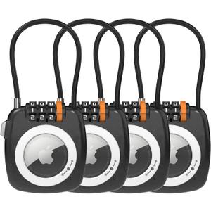 TUXON Compatible with Apple AirTag Secure Lock with Wire Cable, 3-Digit Combination Luggage Locks, Alloy Body Ultra Durable Anti-Lost Protective Case for Luggage, Suitcase (Black*4)