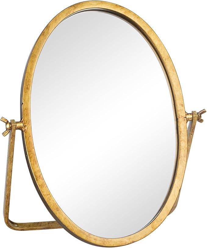 Vintage Makeup Desk Mirror, 11.8" L x 7.9" W Antique Gold Vanity Table Mirror, Metal Framed Oval Small Standing Mirrors, 360 Adjustable Rotation Mirrors for Tabletop, Bathroom