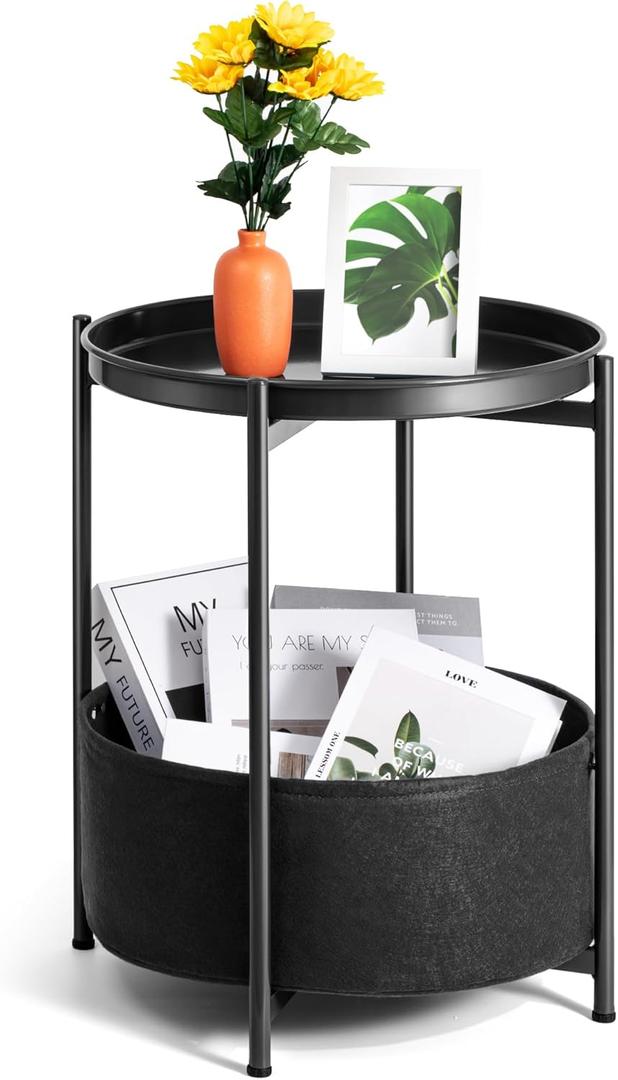 Small Side Table, Black Round End Table with Storage Basket, Metal Night Stand with Removable Tray, Small Bedside Table for Living Room, Bedroom, Nursery (Black)