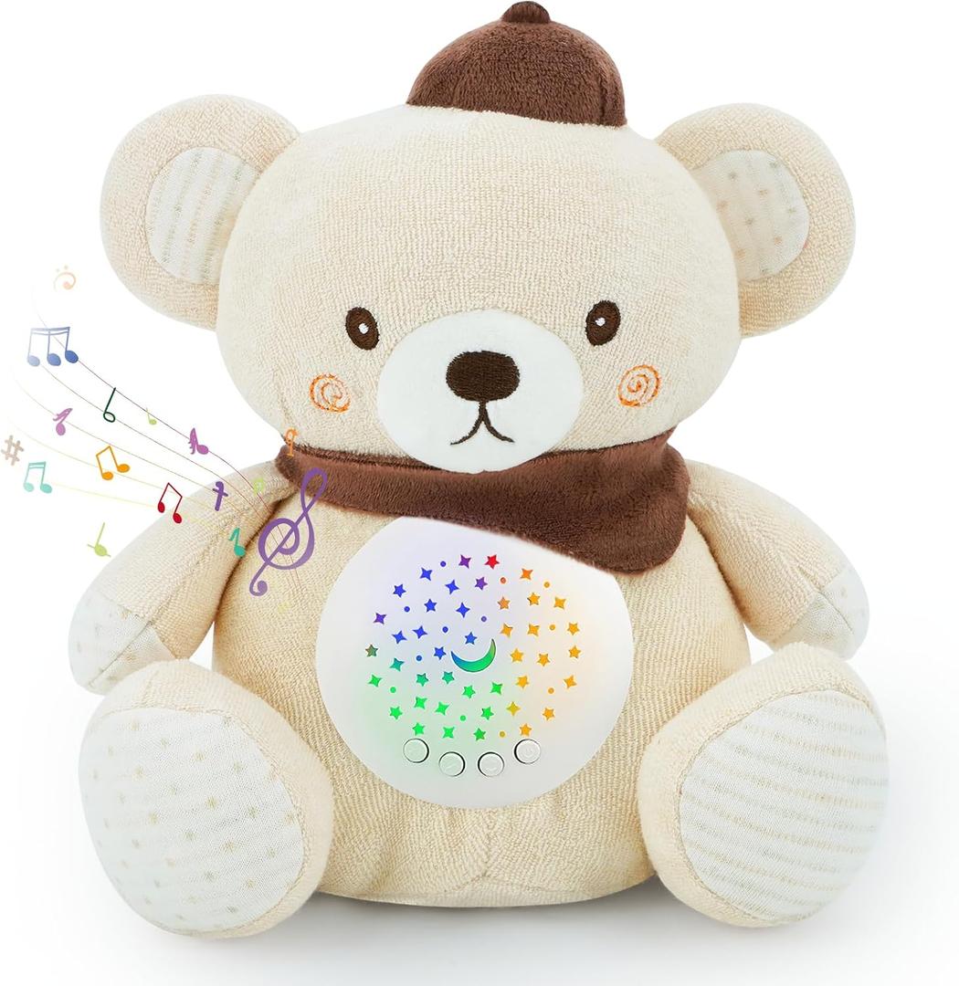 Baby Sleep Soother Bedtime Bear with Night Light Star Projector, Soft Cotton Stuffed Animal Toys for Boys Girls, Lullaby Music, White Noise for Newborn Shower Gifts