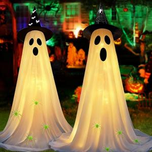 2pcs Ghost Halloween Decorations Outdoor Indoor Light Up Ghost Decorations Kit 5FT DIY Adjustable standing Porch Yard Ghost Decor with 3D Luminous Spider & Hat Lighted Ghost Halloween Lawn Decorations