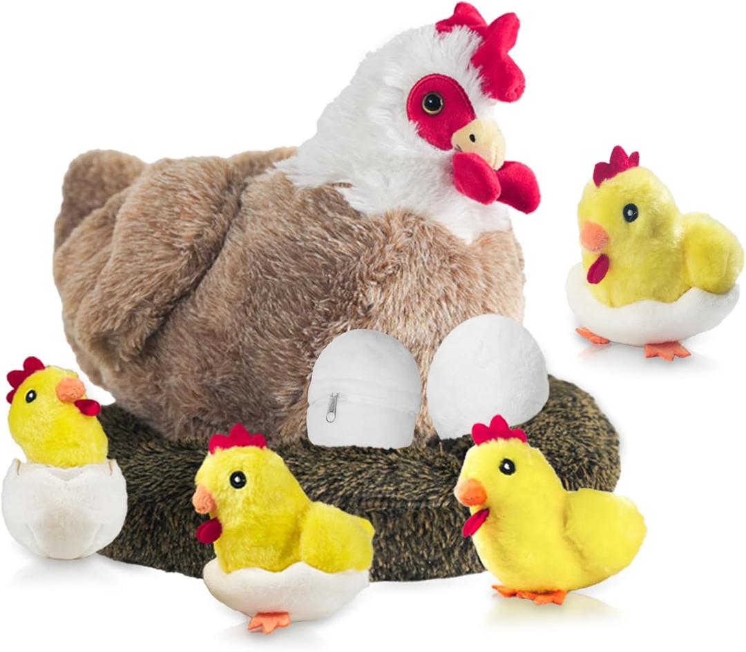 9 in 1 Chicken Stuffed Animal Set, Stuffed Chicken Plush Toy Egg Laying Hen with Zipper and Baby Chicks Plush Chickens, Eggs and Coop Chicken Toys for Kids Girls Boys Birthday Easter Stuffers Gifts