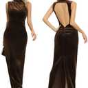 Capuffy Women Backless Velvet Maxi Dress Back Slit Ruched Bodycon Formal Dress High Neck Cocktail Party Dress 091, Size M