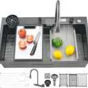 34" x 19.7" Black-Gray Waterfall Kitchen Sink, Drop In Stainless Steel Modern Single Bowl Sink with Pull-Out Spray Faucet, Cup Washer & Accessories