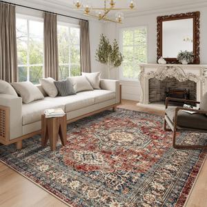 Lahome Oriental Washable Rugs 8x10, Non-Slip Soft 8x10 Rugs for Living Room Bedroom, Stain Resistant Ultra-Thin Vintage Accent Carpet for Dining Room Office Eleanor, Brick Red