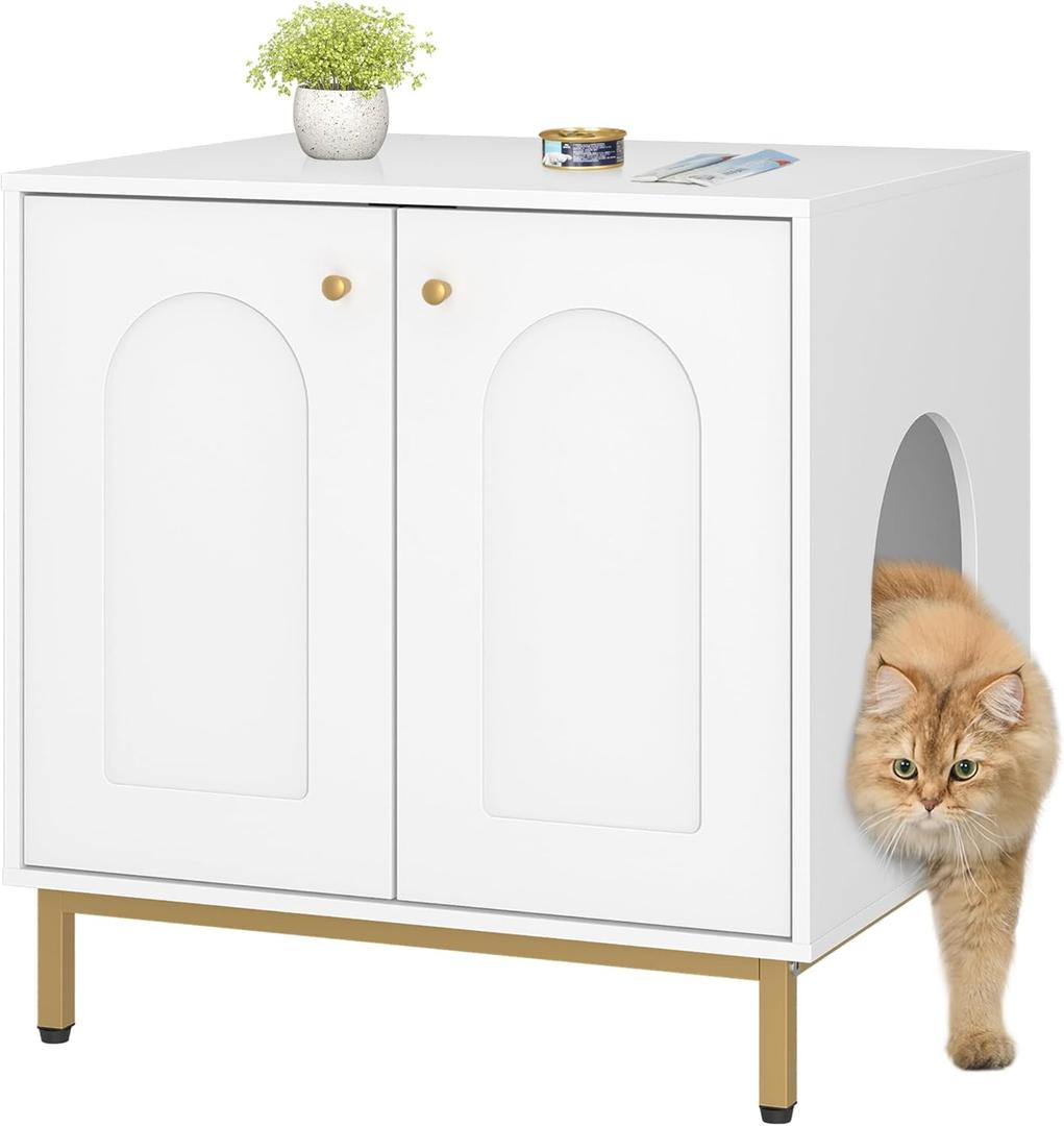Cat Litter Box Enclosure, Hidden Litter Box Furniture Cabinet, Wooden Indoor Cat House, Side End Table, Living Room, Bedroom, White and Gold CB81203G (23.6"L x 19.7"W x 24"H)