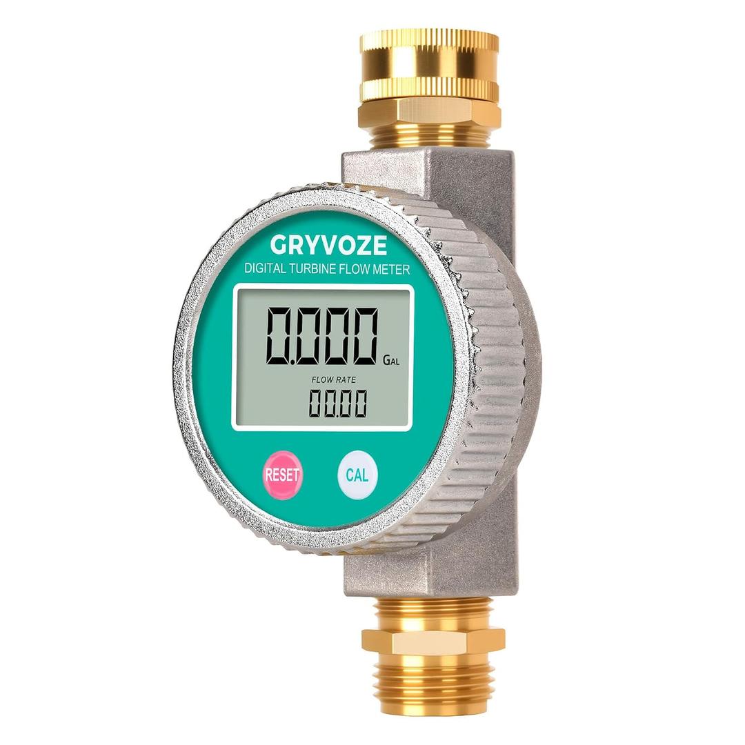 Metal Water Flow Meter, 3/4" GHT Garden Hose Flowmeter with Brass Thread and Large Screen for RV, Pool, House, Lawn Sprinkler and Outdoor Watering Supports Gallon, Liter, GPM and LPM