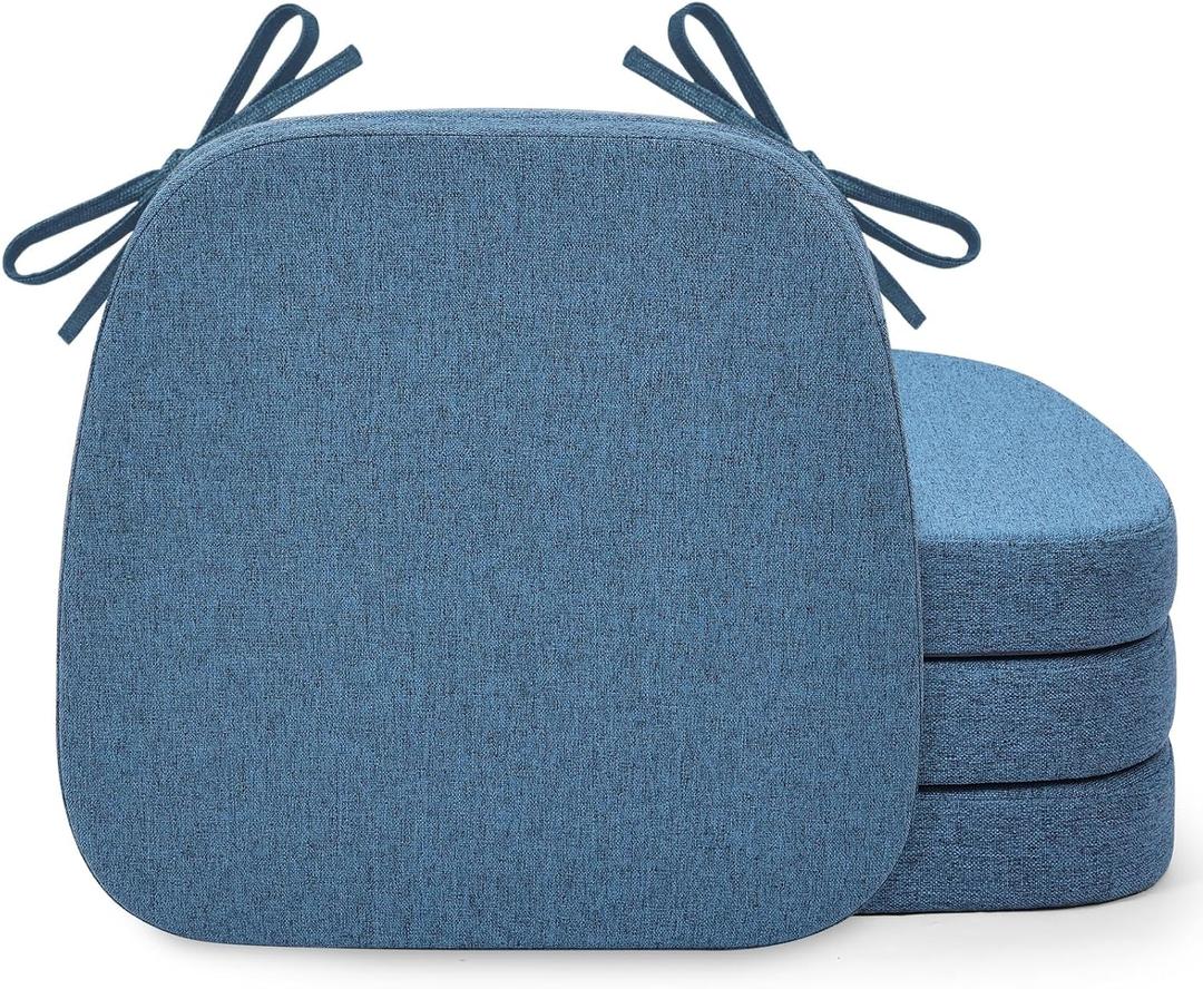 Shinnwa Chair Pads for Dining Chairs Set of 4, Non-Slip Kitchen Chair Cushions with Detachable Straps and Machine Washable Cover, 4 Pack, 17x16x2in, Blue