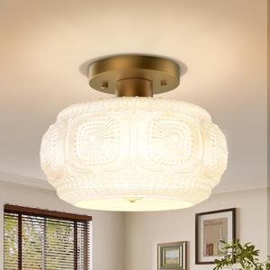 Semi Flush Mount Ceiling Light, Milk Glass Shade Modern Ceiling Light Fixture, Vintage Gold Lighting for Hallway Bedroom Entryway Kitchen Porch (9.38 inch)