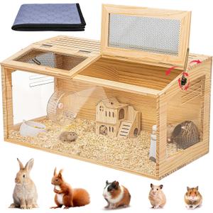 Hamster Cage 32" Wooden Chewproof, 270 Panoramic View Large Habitat with Bite-Proof Mesh, Top Dual Access Doors & Acrylic Panels, for Syrian/Dwarf Hamsters, Guinea Pigs, Chinchillas & Gerbils 16.0"L x 16.0"W x 32.0"H