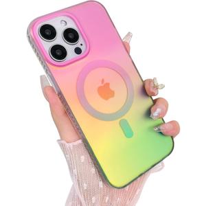 Aesthetic Case for iPhone 14 Pro Max Case for Women Girls, Compatible with Magsafe, Cute Girly Trendy Glitter Sparkly Rainbow Magnetic Protective Phone Cover, Matte Iridescent Pink & Green
