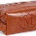 Mens Toiletry Travel bag,Personalized Toiletry Bag for Men,Water Resistant PU Leather Toiletry bag Men,Brown Toiletries Travel Bag for Shaving,Birthday Gifts for Men Him Father Husband Dad -M