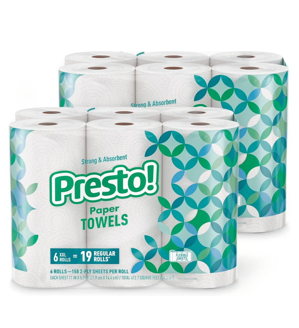 Presto! Ultra-Strong Premium Paper Towels, 158 Sheet Huge Roll - Flex-a-Size, 12 Rolls (2 Packs of 6), Equivalent to 38 Regular Rolls, White