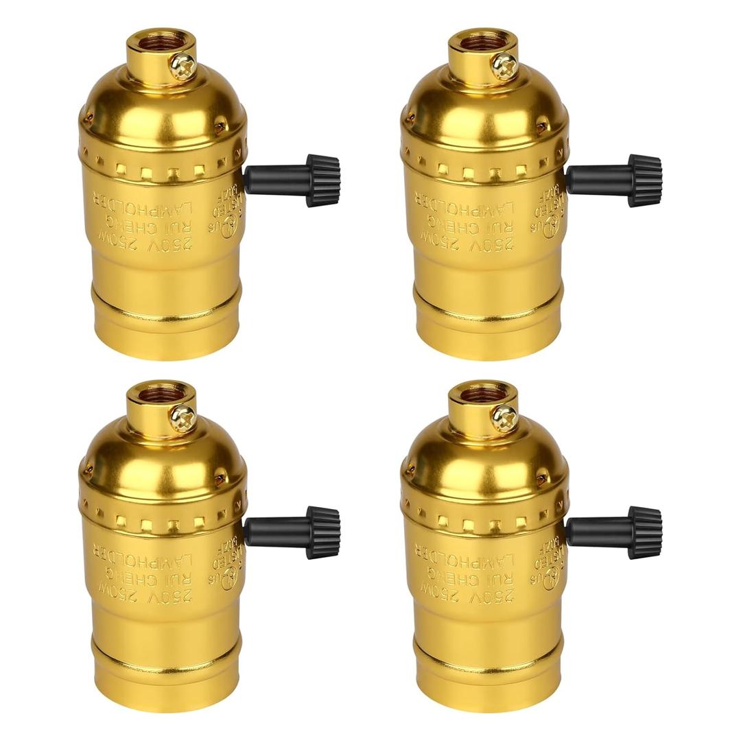4 Pack 3-Way Lamp Socket Replacement E26 Screw Base Light Socket with Turn Knob Switch for Low- Medium - High Settings UL Listed Repair Kit for Lamp (Gold)