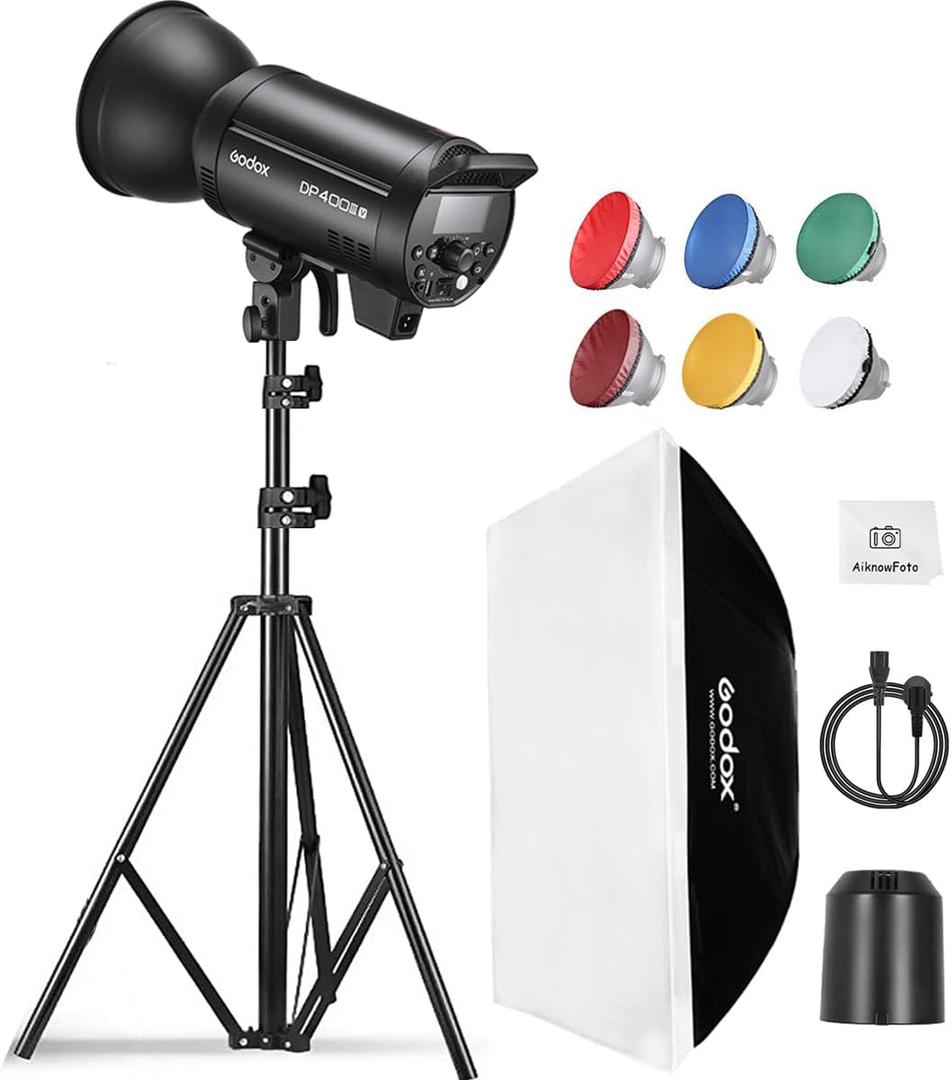 Godox DP400IIIV Studio Flash Light Kit for Photography,400Ws Photography Lighting Kit with Bowens Mount Softbox,Tripod Stand,GN87 2.4G X System Strobe Flash for Portrait Product Studio Shooting
