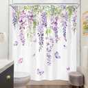 Riyidecor Purple Lavender Floral Shower Curtain Lilac Purple Flower Butterfly Botanical Plant Watercolor Rustic Green Leaves Summer Girls 60Wx72H Inch Bathroom Decor Fabric Waterproof 12 Pack Hooks