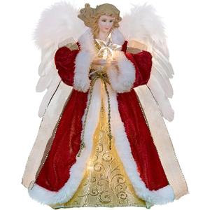 Cyraft Angel Tree Topper with Moving Wings, 12Inch Red Cloth Lighted Christmas Tree Topper Holding a Star, Both Plug in and Battery Operated, Long Cord, Moving Treetopper
