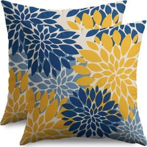 Blue Yellow Pillow Covers 18X18 Inch Set of 2, Dahlia Flower Spring Summer Floral Cream Decorative Throw Pillow Covers Outdoor Modern Farmhouse Cushion Case for Home Couch Sofa Bed Decor