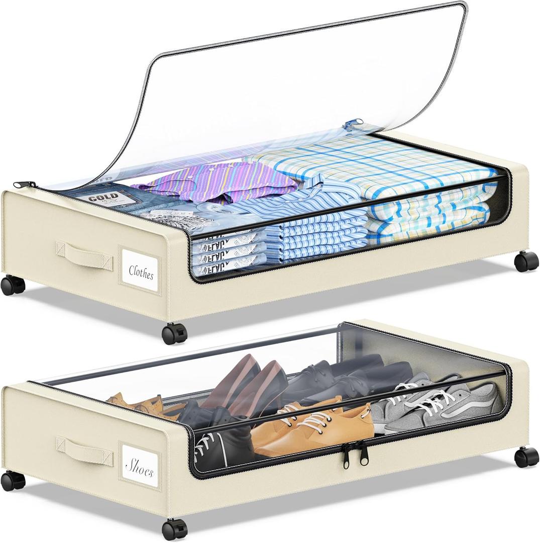 Under Bed Storage with Wheels, Under the Bed Storage Containers with Clear Lids & Label, Underbed Storage Bins, XXL 60L Rolling Metal Drawer for Clothes, Shoes, Toys, Books (Beige)
