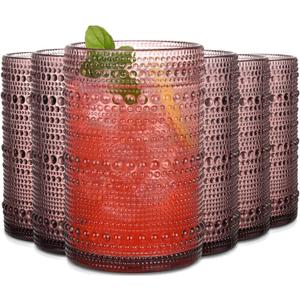 Purple Hobnail Drinking Glasses Set of 6,15 oz Vintage Highball Glasses,Drinkware Kitchen Glasses for Cocktail,Iced Coffee,Beer,Ice Tea,Wine,Whiskey,Water