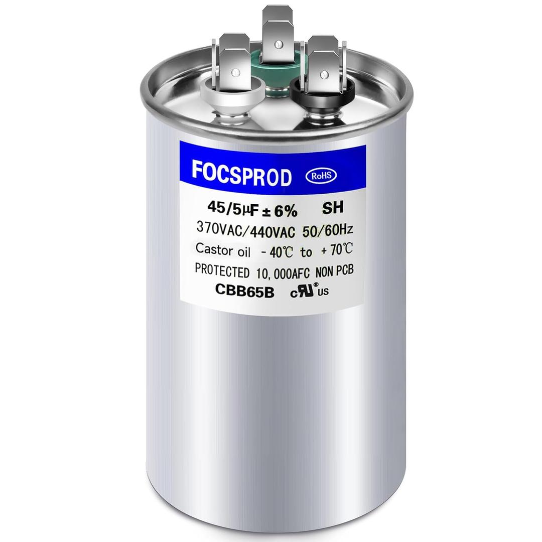 [UL Recognized] FOCSPROD 45+5 uF 45/5 MFD 6% 370V/440V CBB65B AC Capacitor, Dual Run Round Capacitor Replacement, 45 5 uF 440 Volt HVAC for AC Unit Fan Motor Start or Heat Pump or Condenser Straight