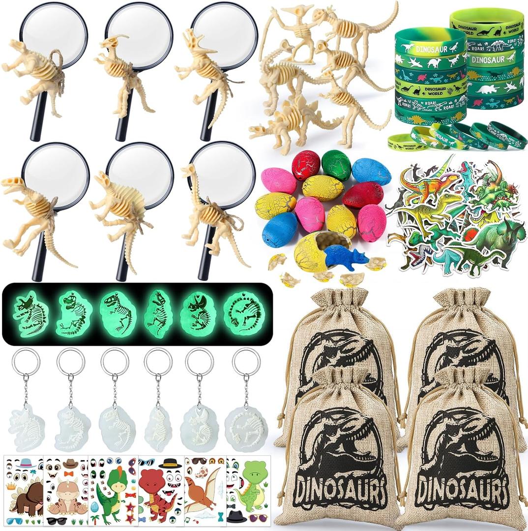 SNLN 12 Sets Dinosaur Party Favors for Kids Birthday, Magnifying Glasses Luminous Keyring Dino Egg Sticker Dino Party Supplies with Skeleton Toy Silicone Bracelet Gift Bag Dino Theme Stuffer Fillers