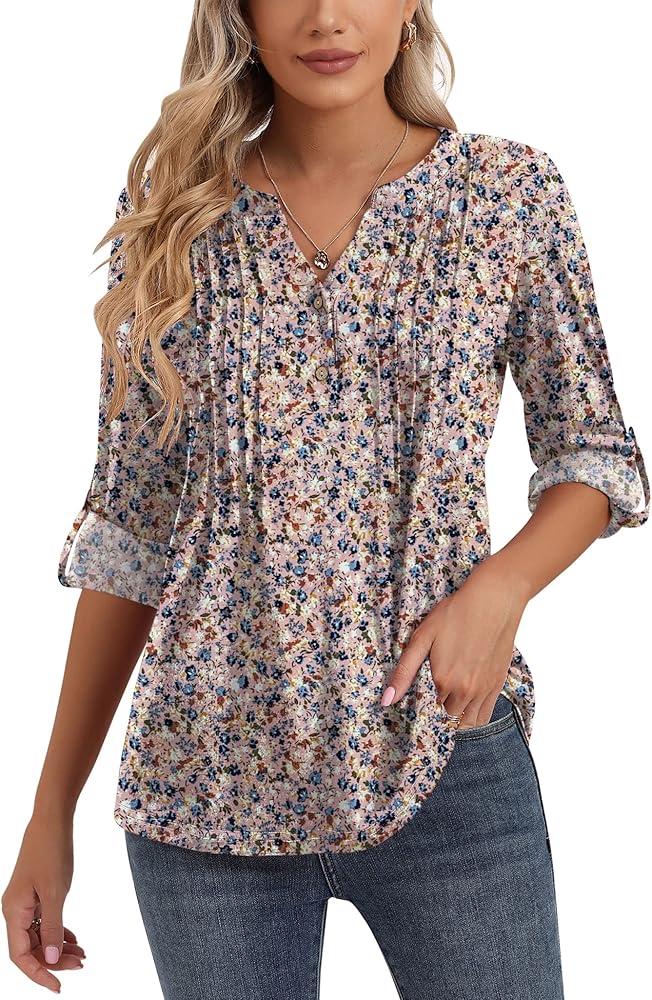 Bashafo 3/4 Sleeve Tops for Women V Neck Henley Long Sleeve Dressy Casual Shirts Ladies Loose Button-up Blouses Tunic, L