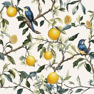 Vintage Bird Floral Wallpaper Self Adhesive Peel and Stick Watercolor Whimsical Lemon Tree Botanical Leaf Paper Removable Waterproof for Bedroom Renter Friendly 17.71"x236.2" (White/Yellow/Blue)