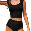 Doumlop Girls Tankini Swimsuit 2 Piece Bathing Suit Twist Cross Back Cutout Swim Tank Top Floral Print Swimwear for 11-12 Y