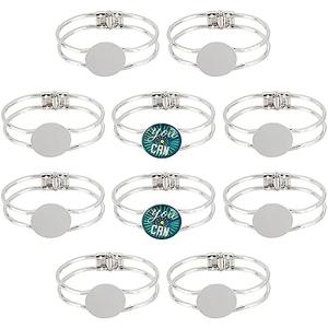PH PandaHall 10 Pieces Cabochon Bracelet Brass Blank Cuff Bangles with 25mm Round Tray for Men and Women Bracelet Making- Platinum