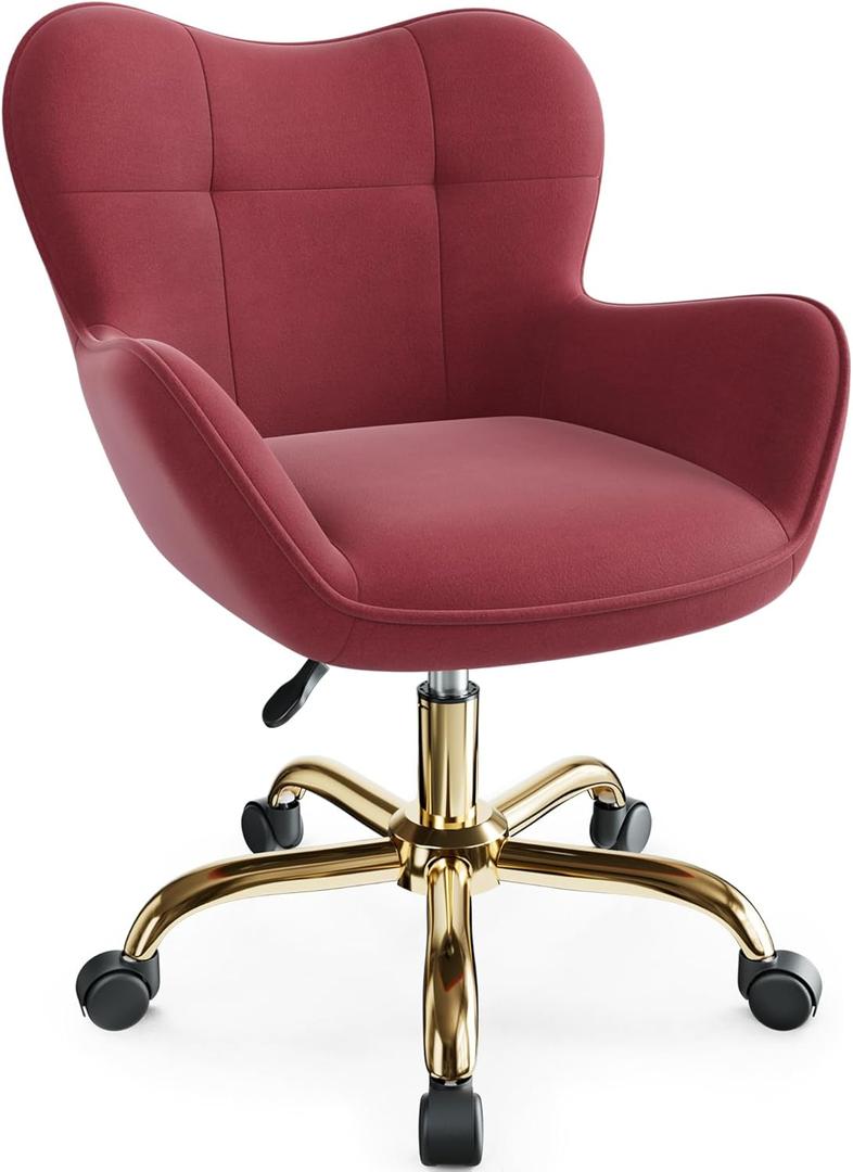 Vanity Chair with Wheels, Cute Home Office Desk Chairs Adjustable Height for Living Bedroom, Small Modern Fluffy Velvet Makeup Chair with Back for Girls (Rose Red)