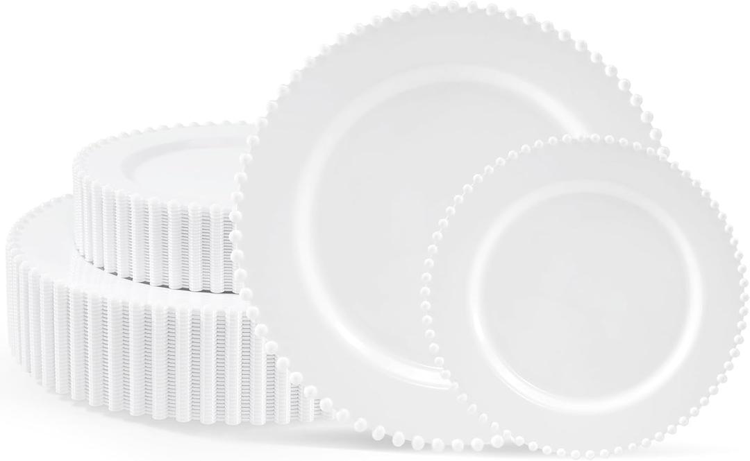 60PCS White Plastic Plates - Fancy Disposable Beaded Plates Include 30 Dinner Plate 10 & 30 Dessert Disposable Plate 7.5 for Birthday, Baby Shower Spring, Wedding & Party