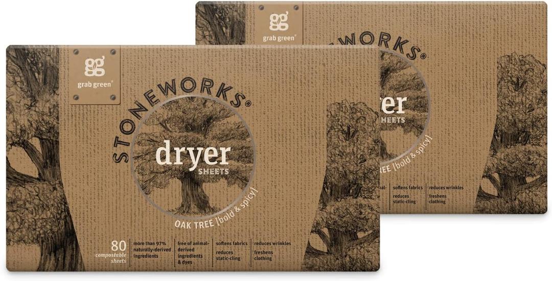 Grab Green Stoneworks Cruelty-Free Dryer Sheets | Softens Fabrics, Freshens Clothing & Reduces Static-Cling and Wrinkles | Plant Based | Oak Tree Scent (160 Sheets) (80 Count (Pack of 1))