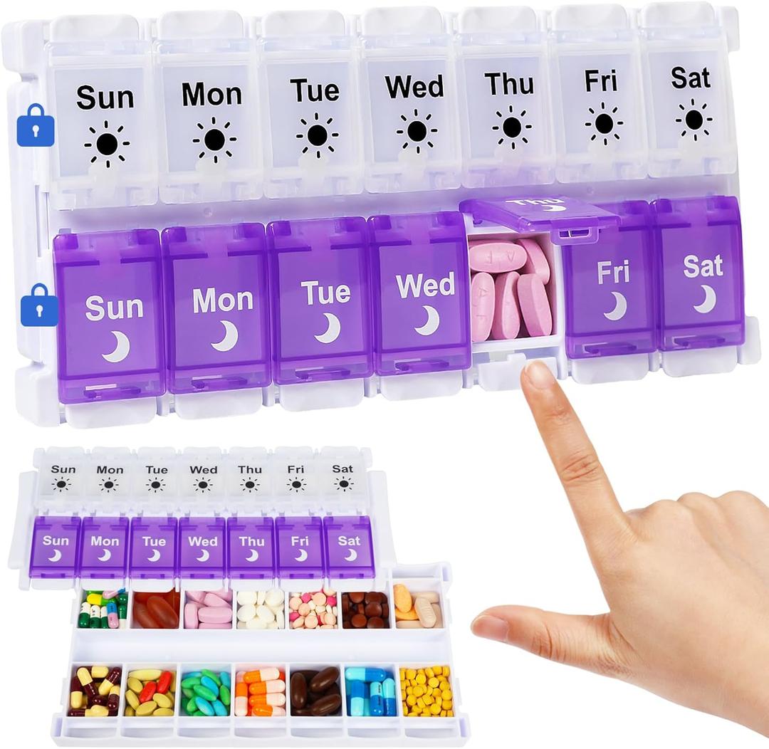 Shintop Am Pm Pill Organizer 7 Day, Push Button Weekly Pill Box 2 Times Removable Lid Medication Case Easy Fill Day Night Vitamin Container for Fish Oil Supplements (Purple & White)