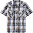 Dubinik Western Shirts for Men Short Sleeve Plaid Pearl Snap Shirts for Men Button Up Shirt Cowboy Casual Work Shirt (X-Large, Navy Blue Brown)