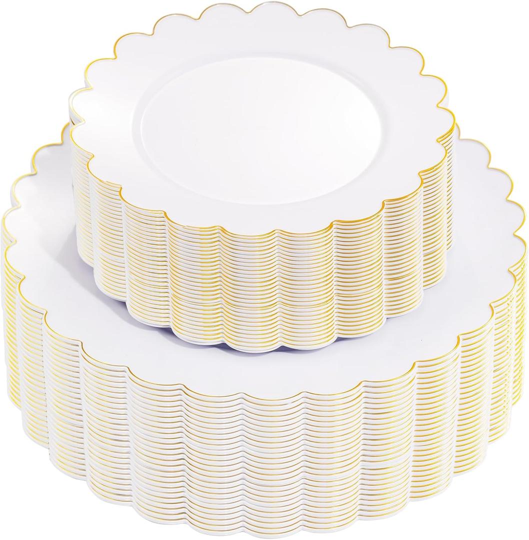 supernal 100PCS Gold Scalloped Plastic Plates -White and Gold Disposable Plates for Party Wedding -Include 50PCS 10.25inch Dinner Plate,50PCS 7.5inch Gold Dessert/Salad Plate for Birthday