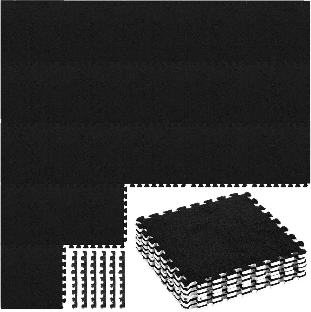 Timgle 36 Pcs Interlocking Carpet Tiles Plush Foam Floor Mats with Border Fluffy Play Mat Floor Tiles Soft Climbing Area Rugs for Kids Home Playroom Decor, 12 x 12 x 0.4 Inch(Black)