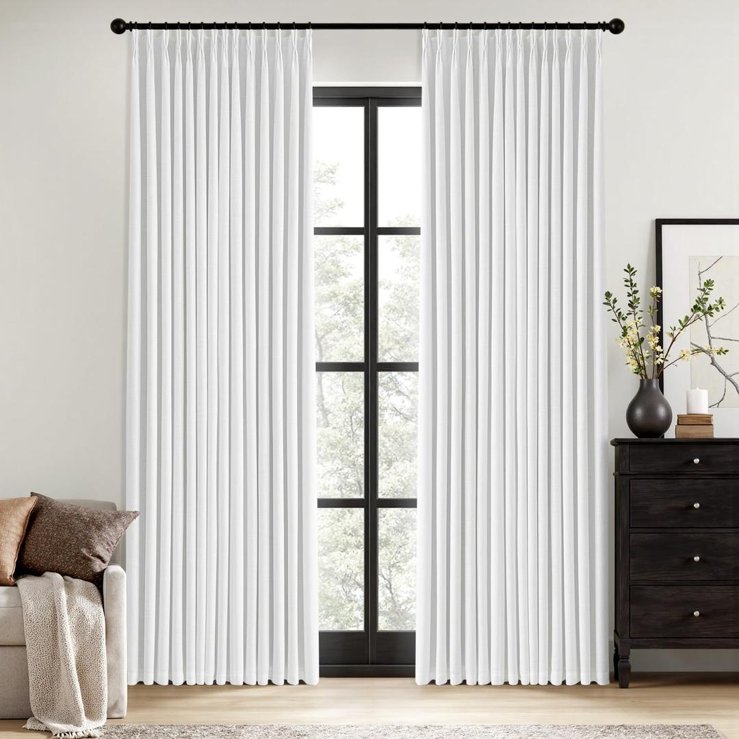 MIULEE White Pinch Pleated 100% Blackout Linen Curtains 108 Inch Long 2 Panels Set, Black Out Memory Trained Pleat Curtains Light Blocking Room Darkening Drapes for Bedroom Living Room Window