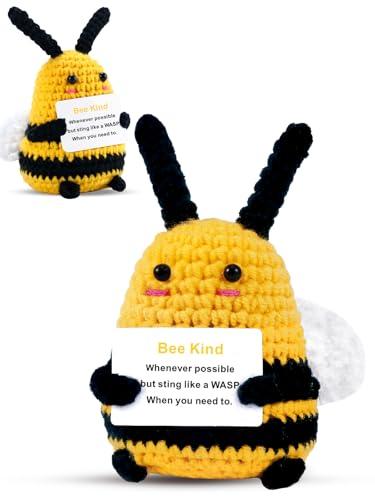 PinCute Bee Gifts Positive Crochet Animals: Valentine's Day Gifts for Women Friends Sister Mom Wife, Cute Funny Bee Dolls with Inspirational Support Cards Emotional Potato Room Decors (BEE Kind)