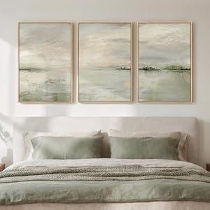 Framed Sage Green Abstract Landscape Wall Art for Bedroom, 3 Piece 16x24 In