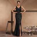 Elegant Long Sequin Formal Dress V-Neck Slit Design, Stretchy Fitted Glamorous (Black, XL)