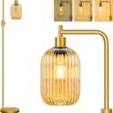 Upgraded Dimmable Glass Floor Lamp for Living Room, Modern Gold Standing Lamp with Amber Ribbed Glass Lampshade & Knob Dimmer, Arc Tall Lamp for Bedroom Office Reading Room, 2700K Led Bulb Included