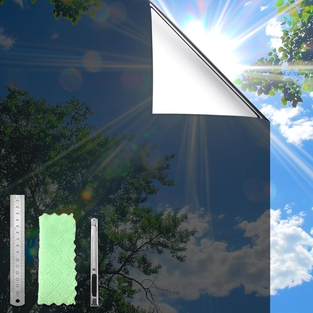 DUOFIRE One Way Window Film Privacy See Out Not in Heat Blocker Reflective Mirror Tint Film for Home Static Cling Anti-UV Sun Blocking Window Covering(Black-Silver, 11.8x78.7in) (11.8 x 78.7 inch)