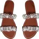 OYOANGLE Women's Pearl Decor Clear Double Strap Open Toe Slide Sandals Dressy Summer Slip on Flat Sandals (39, Brown)