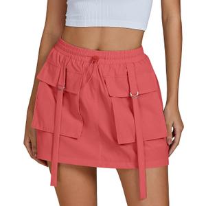luvamia Skorts for Woman High Waisted Cargo Pocket Elastic Waist Fast Dry Casual Hiking Tennis Sports Skirts with Shorts (Large, Deep Sea Coral)