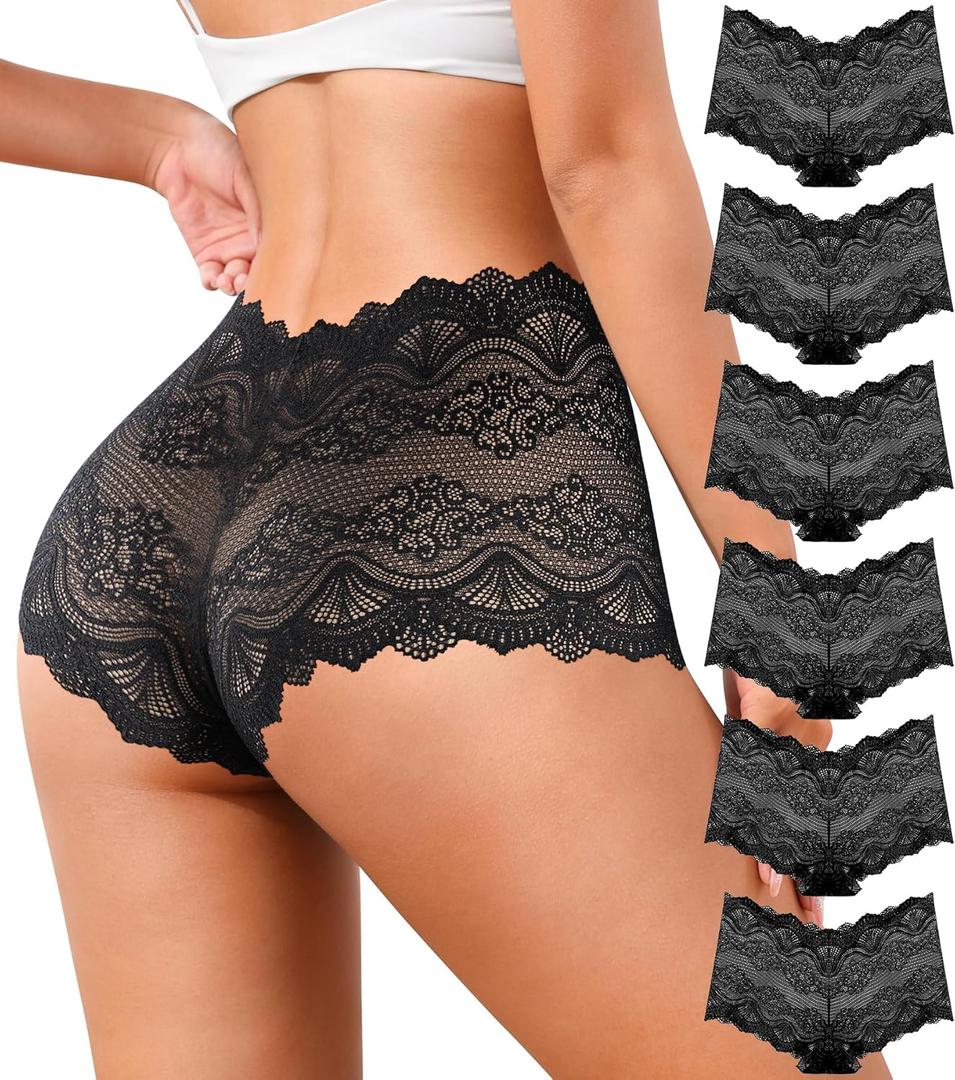 Sexy Womens Underwear High Waisted Lace Panties V Waist Soft Lightweight Breathable Ladies Briefs 6 Pack (Black, L)